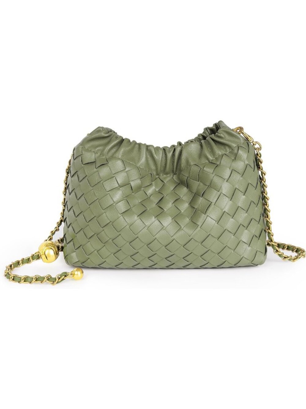 Women Sage Green Gold Woven Dumpling Clutch Purse Trendy Shoulder Crossbody Bag